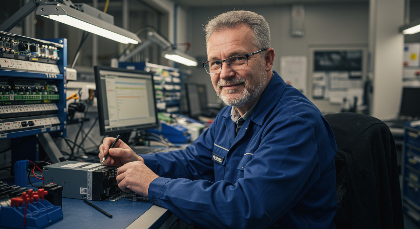 Experienced technician at workbench ready to answer customer questions