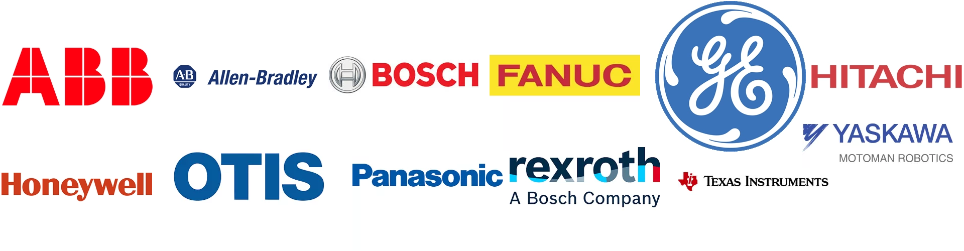 Logos of major industrial automation brands including ABB, Allen-Bradley, Bosch, and Panasonic