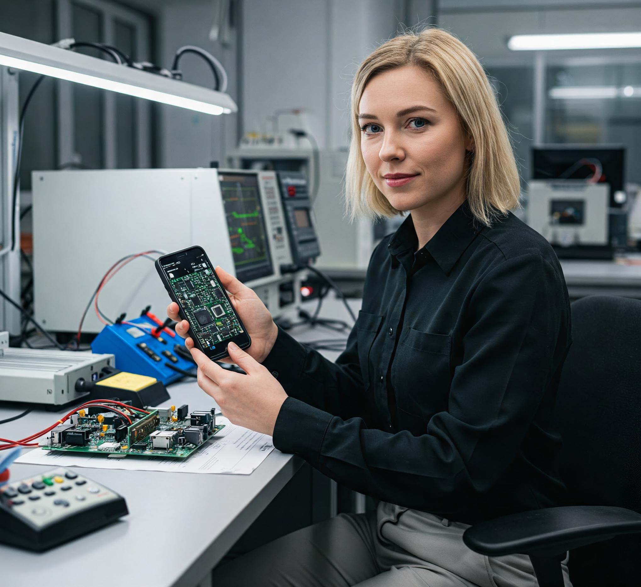 Female electronics specialist holding smartphone at diagnostic workstation