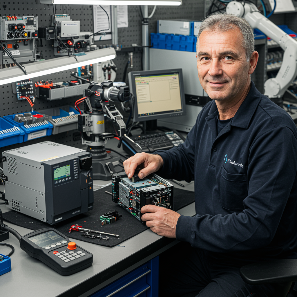 Industrial technician repairing drive unit at workstation