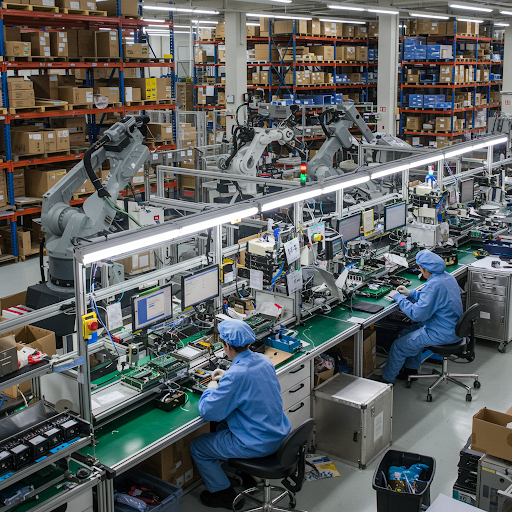 Electronics assembly line with operators and robotic arms