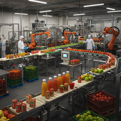 Automated bottling and sorting line in food and beverage facility