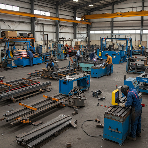 Metal fabrication facility with CNC machines and workshop staff