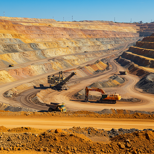 Open-pit mining operation with heavy machinery in a layered terrain