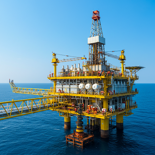 Offshore oil and gas platform stationed in the ocean under clear skies