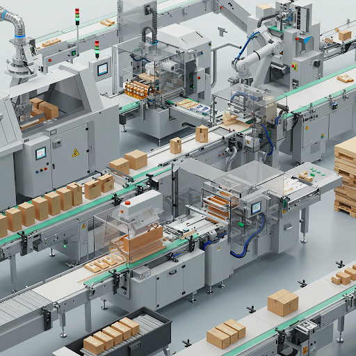 Packaging line with automated conveyor and boxed product handling