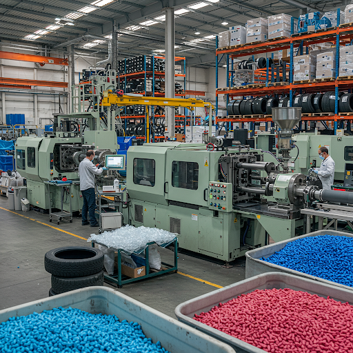Workers operating injection molding machines in plastics and rubber facility
