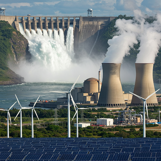 Power generation site with dam, solar panels, wind turbines, and cooling towers