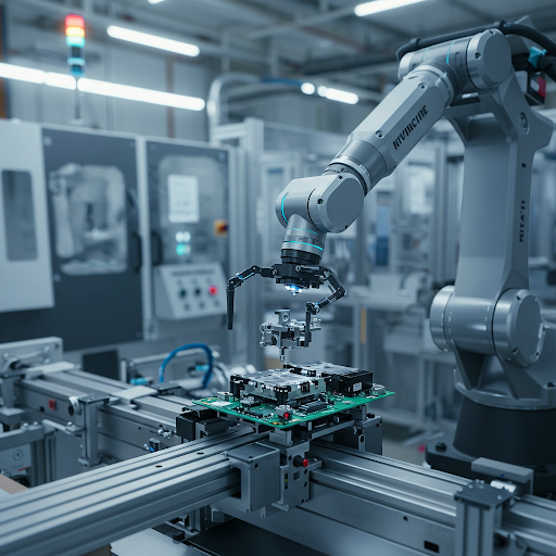 Robotic arm assembling electronic components on a circuit board
