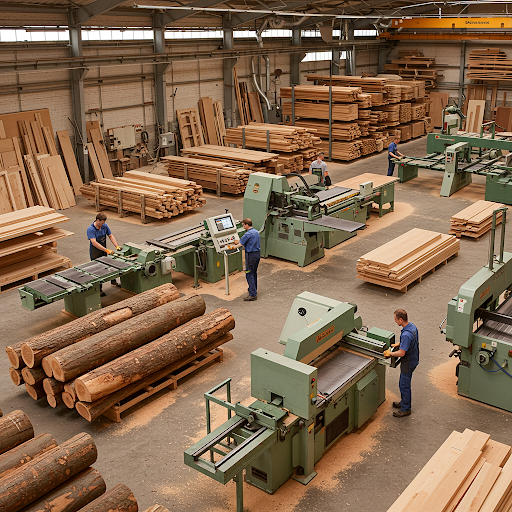 Industrial sawmill with workers cutting and processing wood logs