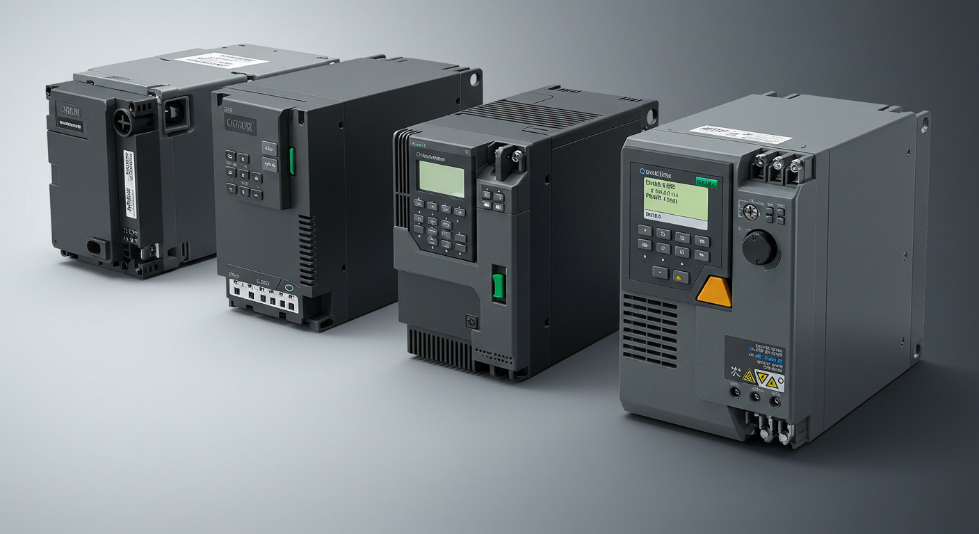 Industrial VFD units lined up for testing